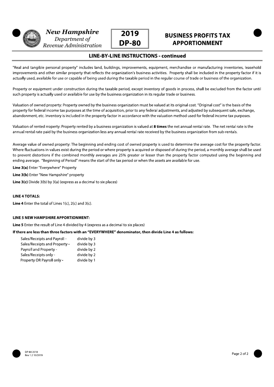 Instructions for Form DP-80 Business Profits Tax Return - Business Profits Tax Apportionment - New Hampshire, Page 2