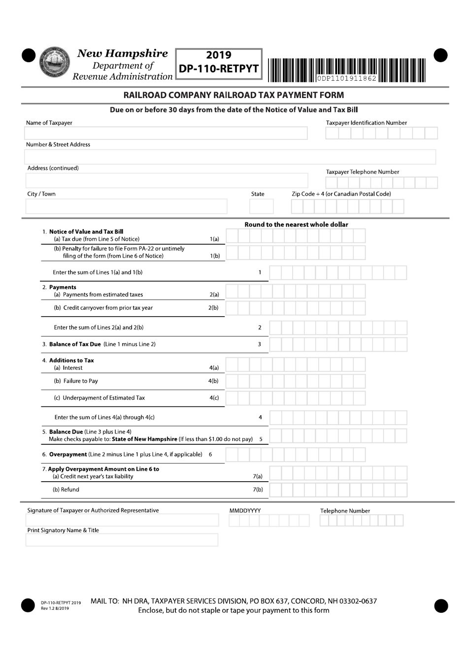 Form DP-110-RETPYT Railroad Company Railroad Tax Payment Form - New Hampshire, Page 1
