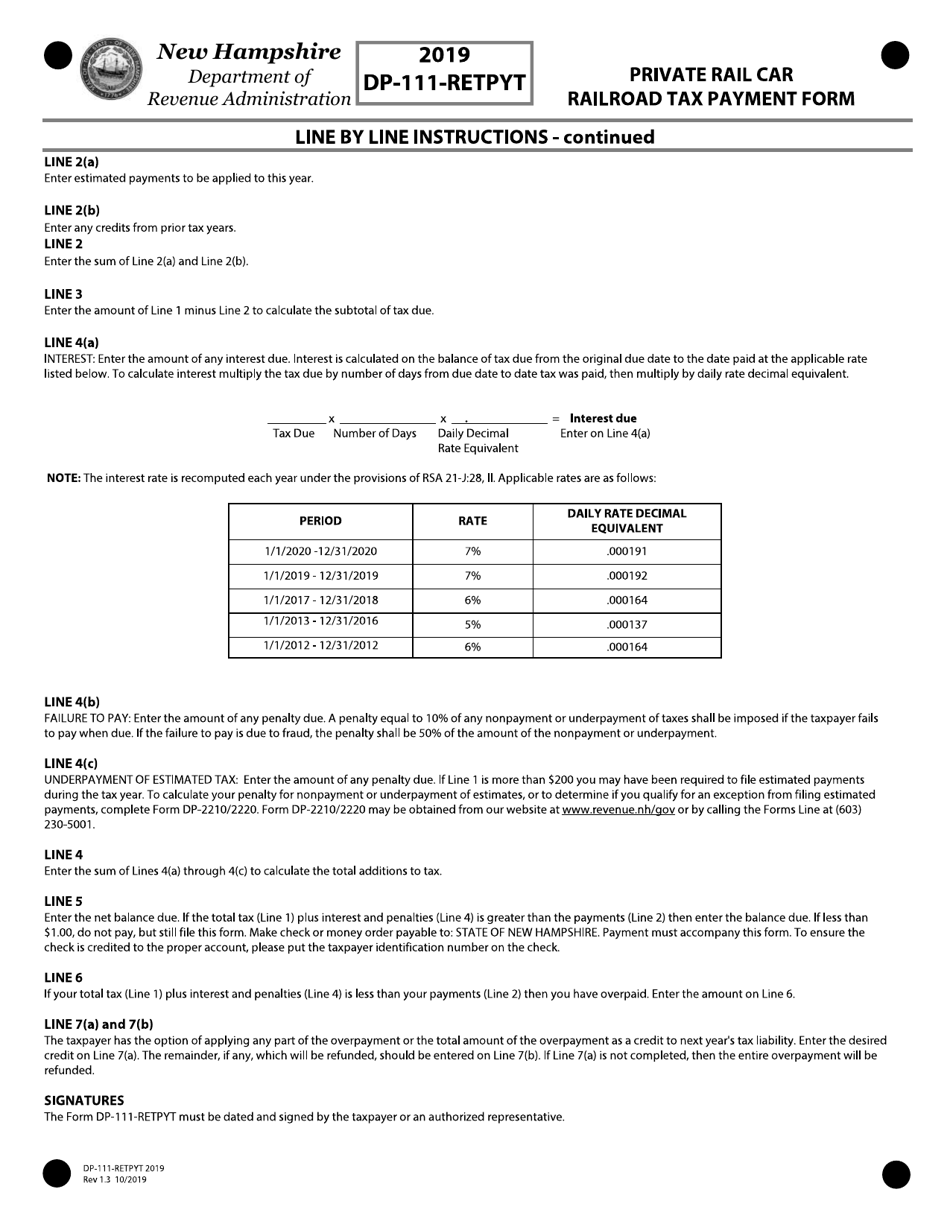 Form DP-111-RETPYT Private Rail Car Railroad Tax Payment Form - New Hampshire, Page 3