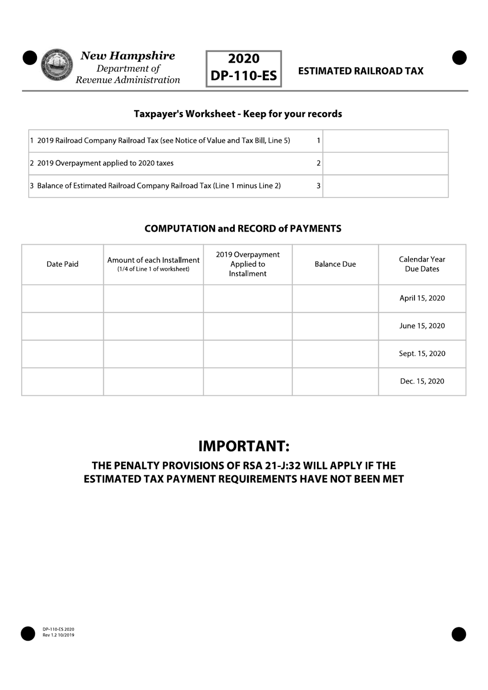 Form DP-110-ES Estimated Railroad Tax Payment Forms - New Hampshire, Page 1