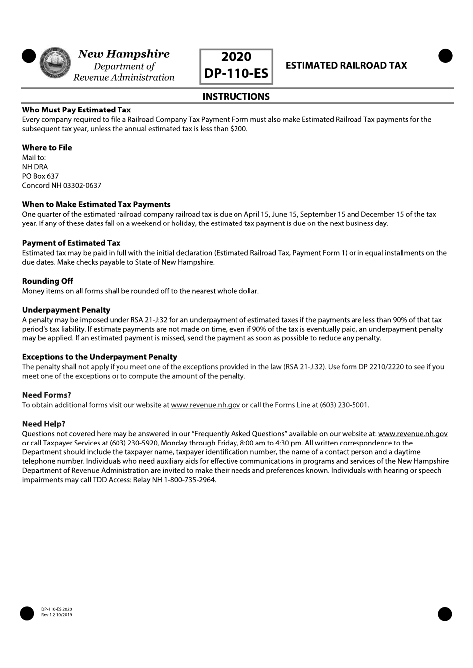 Form DP-110-ES Estimated Railroad Tax Payment Forms - New Hampshire, Page 4
