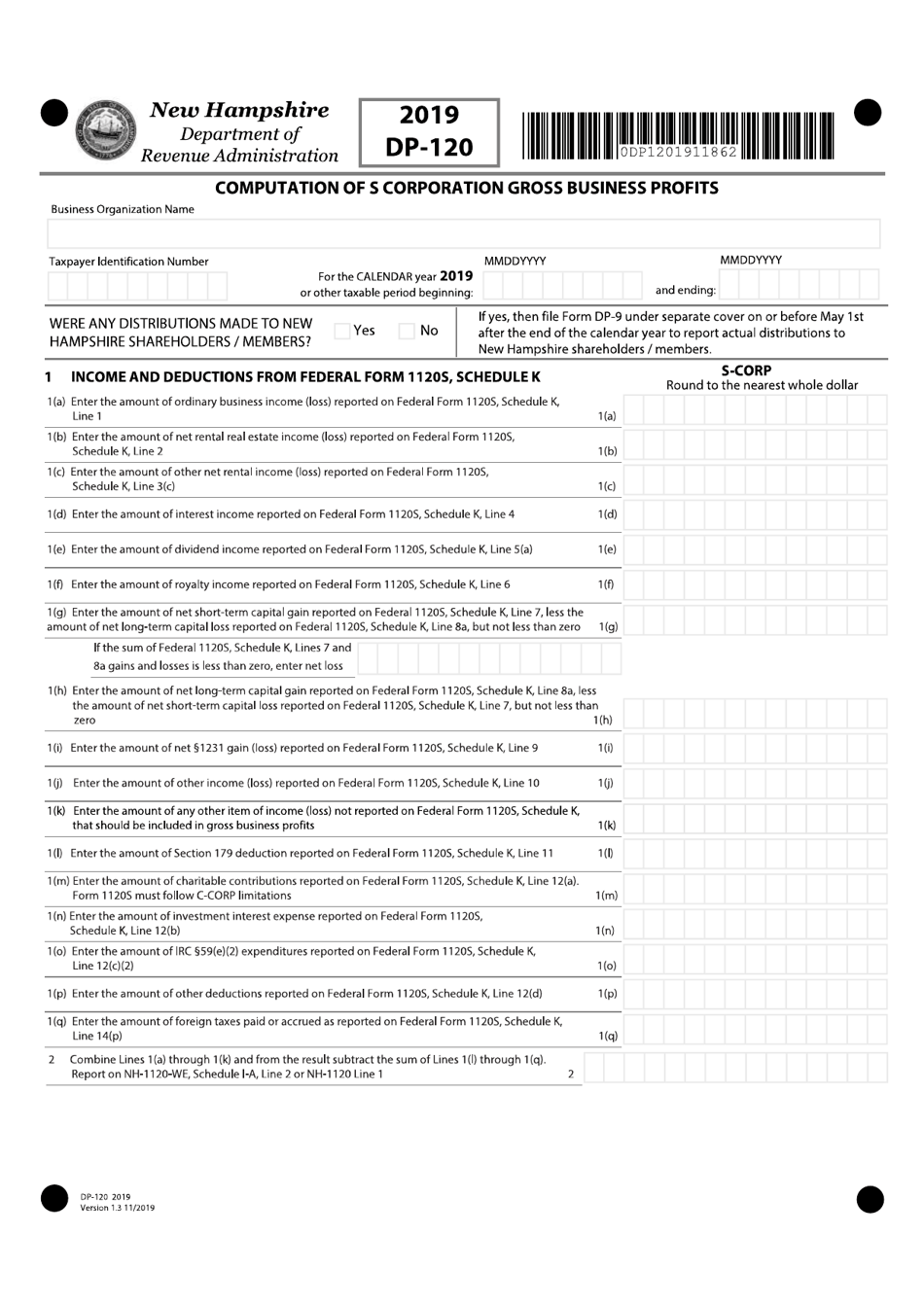 Form DP-120 Computation of S Corporation Gross Business Profits - New Hampshire, Page 1