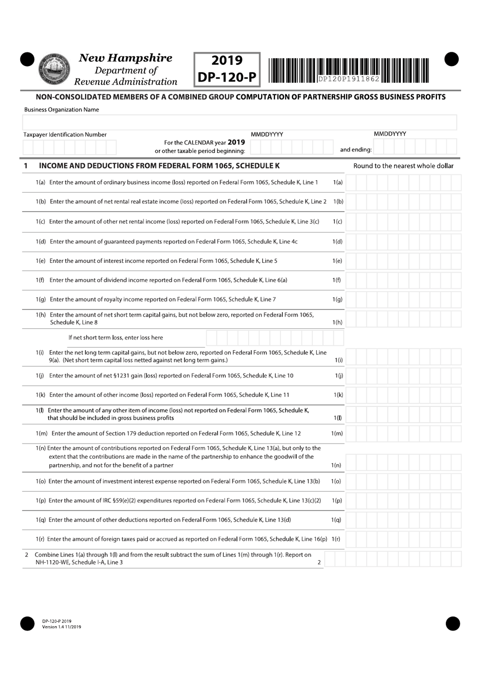Form DP-120-P Non-consolidated Members of a Combined Group Computation of Partnership Gross Business Profits - New Hampshire, Page 1