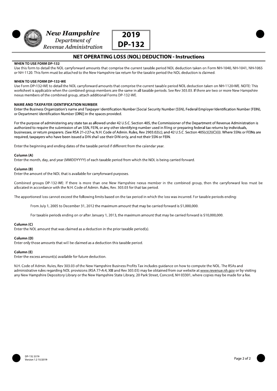 Form DP-132 Net Operating Loss (Nol) Deduction - New Hampshire, Page 2