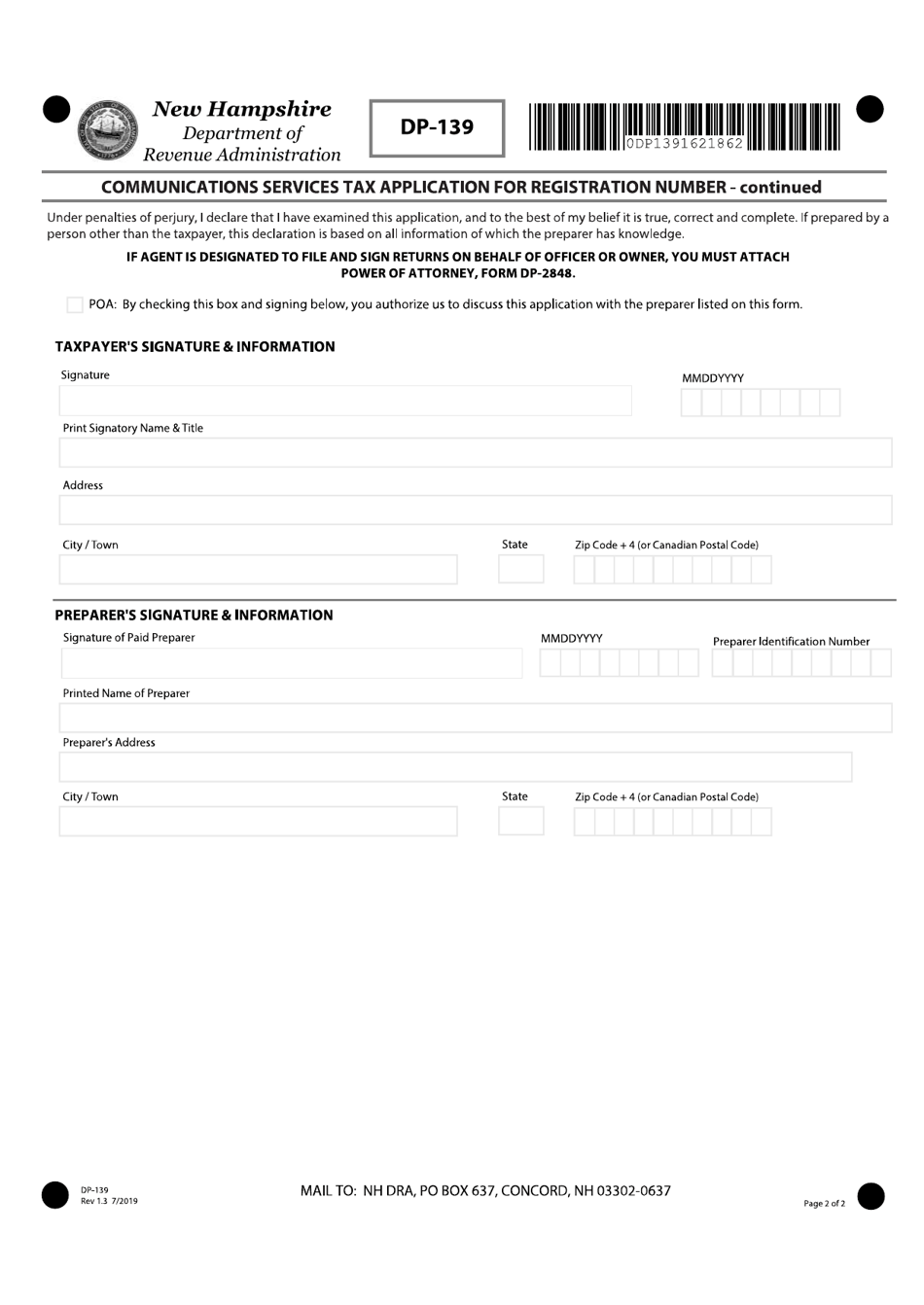 Form DP-139 Communications Services Tax Application for Registration Number - New Hampshire, Page 2
