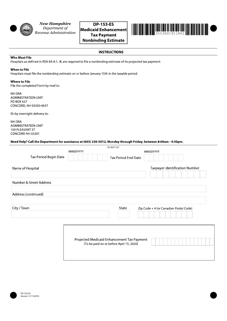 Form DP-153-ES Medicaid Enhancement Tax Payment Nonbinding Estimate - New Hampshire, Page 1