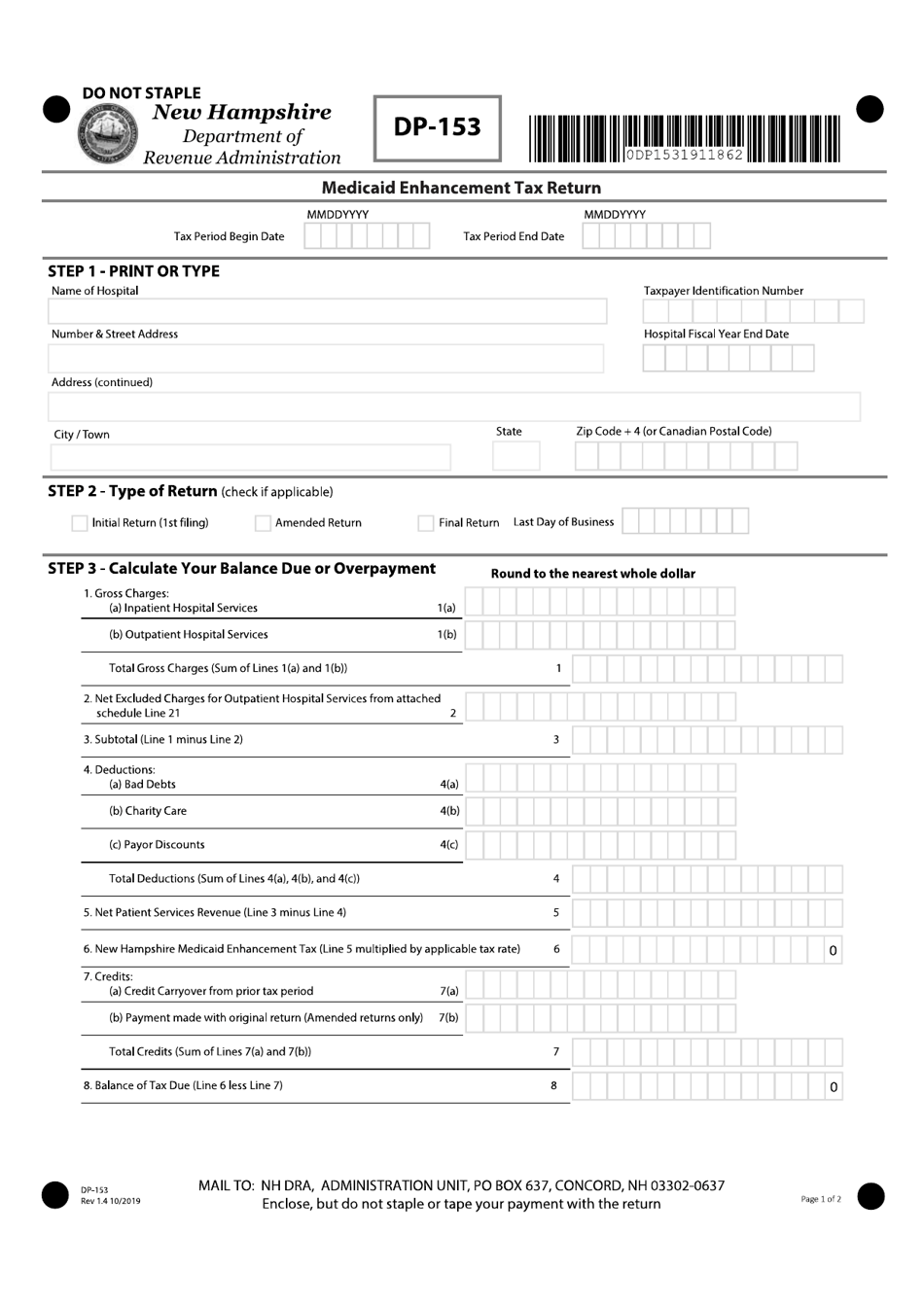 Form DP-153 Medicaid Enhancement Tax Return - New Hampshire, Page 1