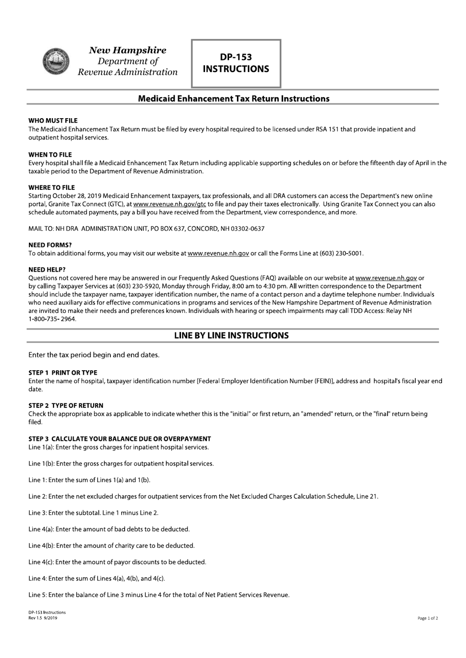 Instructions for Form DP-153 Medicaid Enhancement Tax Return - New Hampshire, Page 1