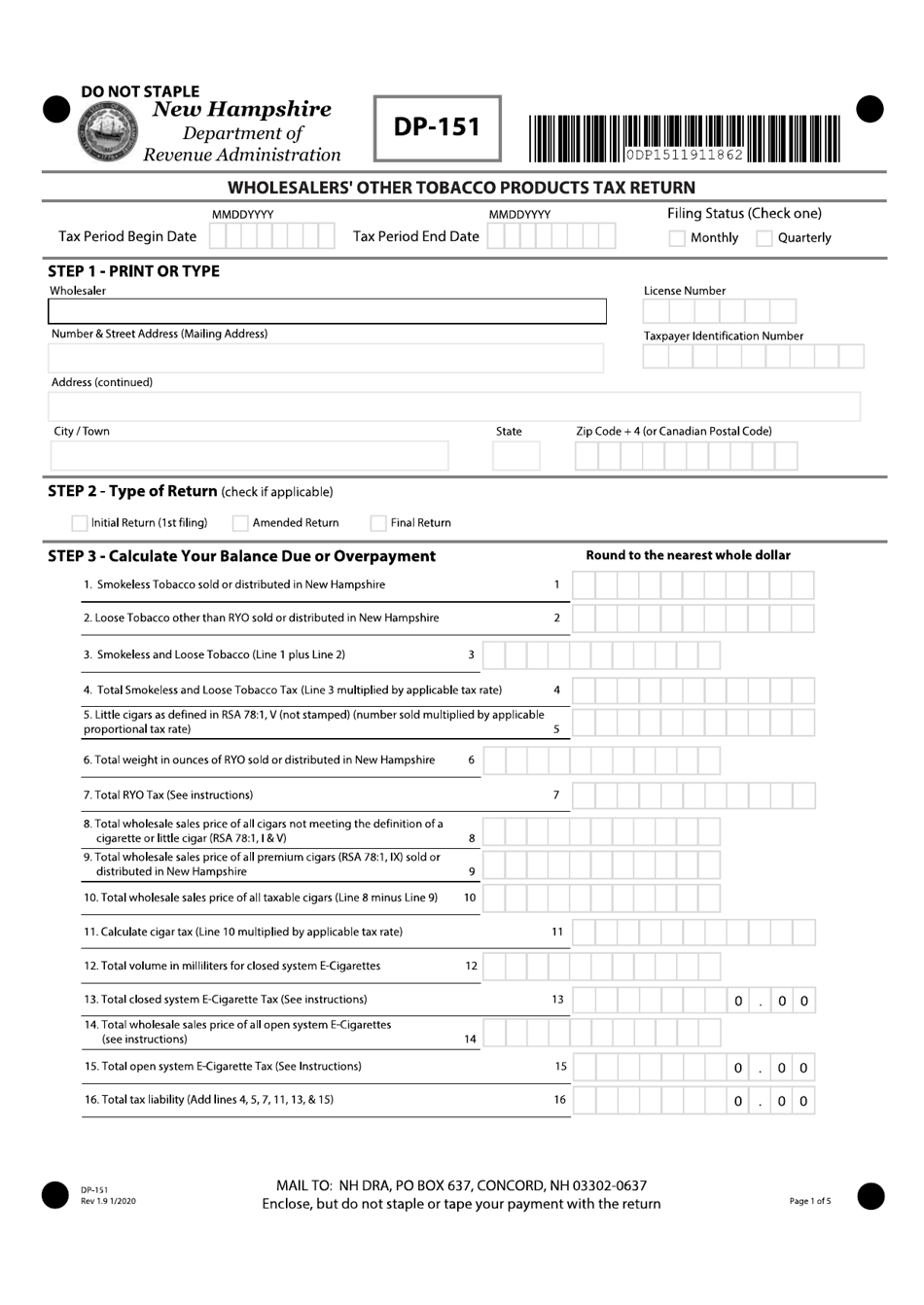 Form DP-151 Wholesalers Other Tobacco Products Tax Return - New Hampshire, Page 1