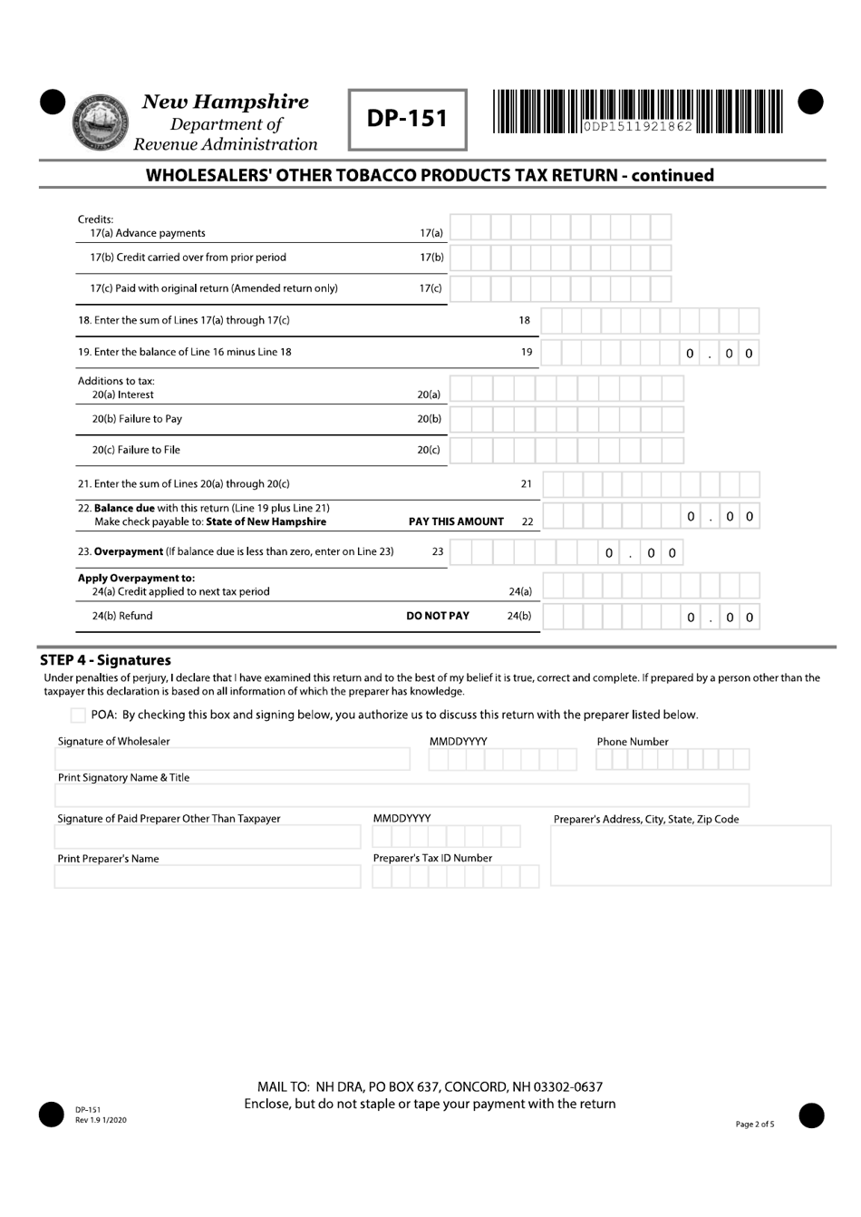 Form DP-151 Wholesalers Other Tobacco Products Tax Return - New Hampshire, Page 2