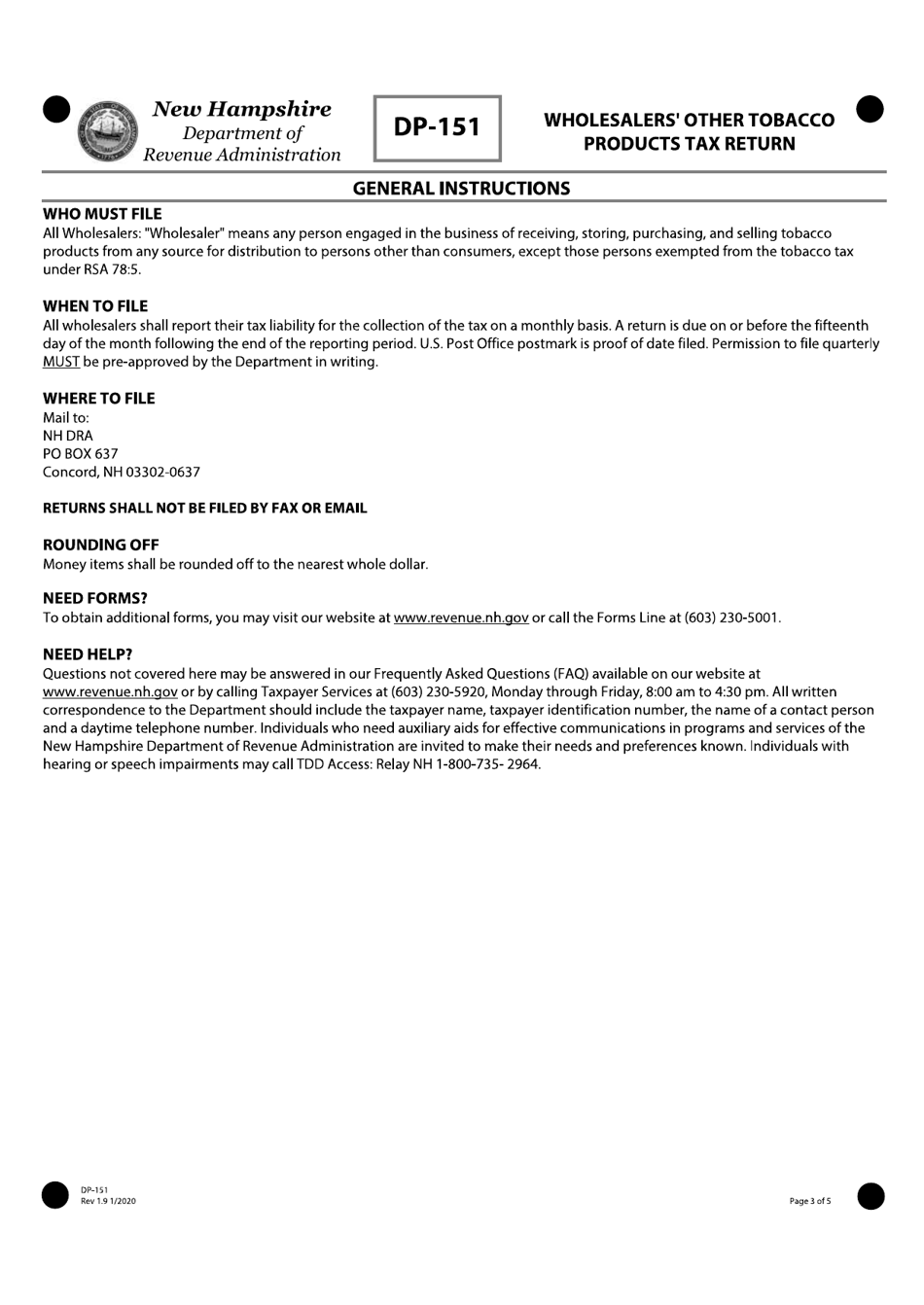 Form DP-151 Wholesalers Other Tobacco Products Tax Return - New Hampshire, Page 3