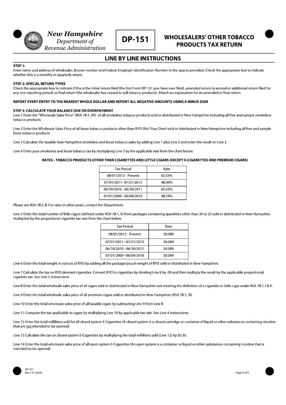 Form DP-151 Wholesalers Other Tobacco Products Tax Return - New Hampshire, Page 4