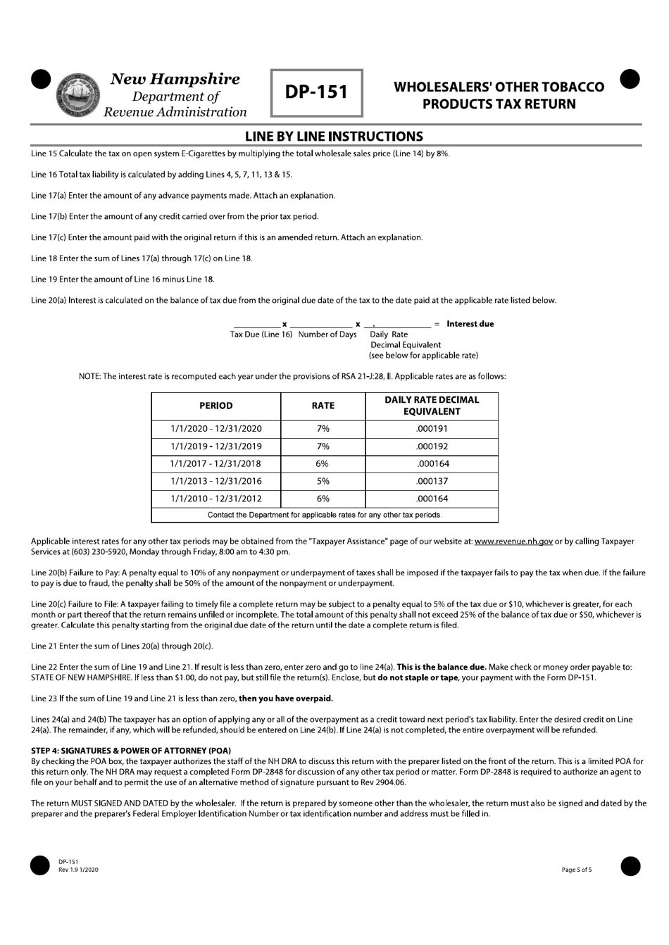 Form DP-151 Wholesalers Other Tobacco Products Tax Return - New Hampshire, Page 5