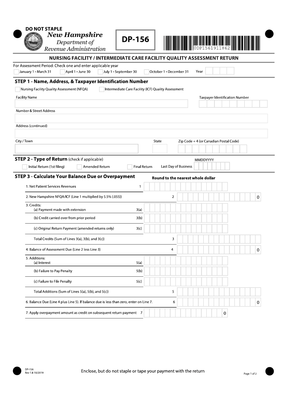 Form DP-156 Nursing Facility / Intermediate Care Facility Quality Assessment Return - New Hampshire, Page 1