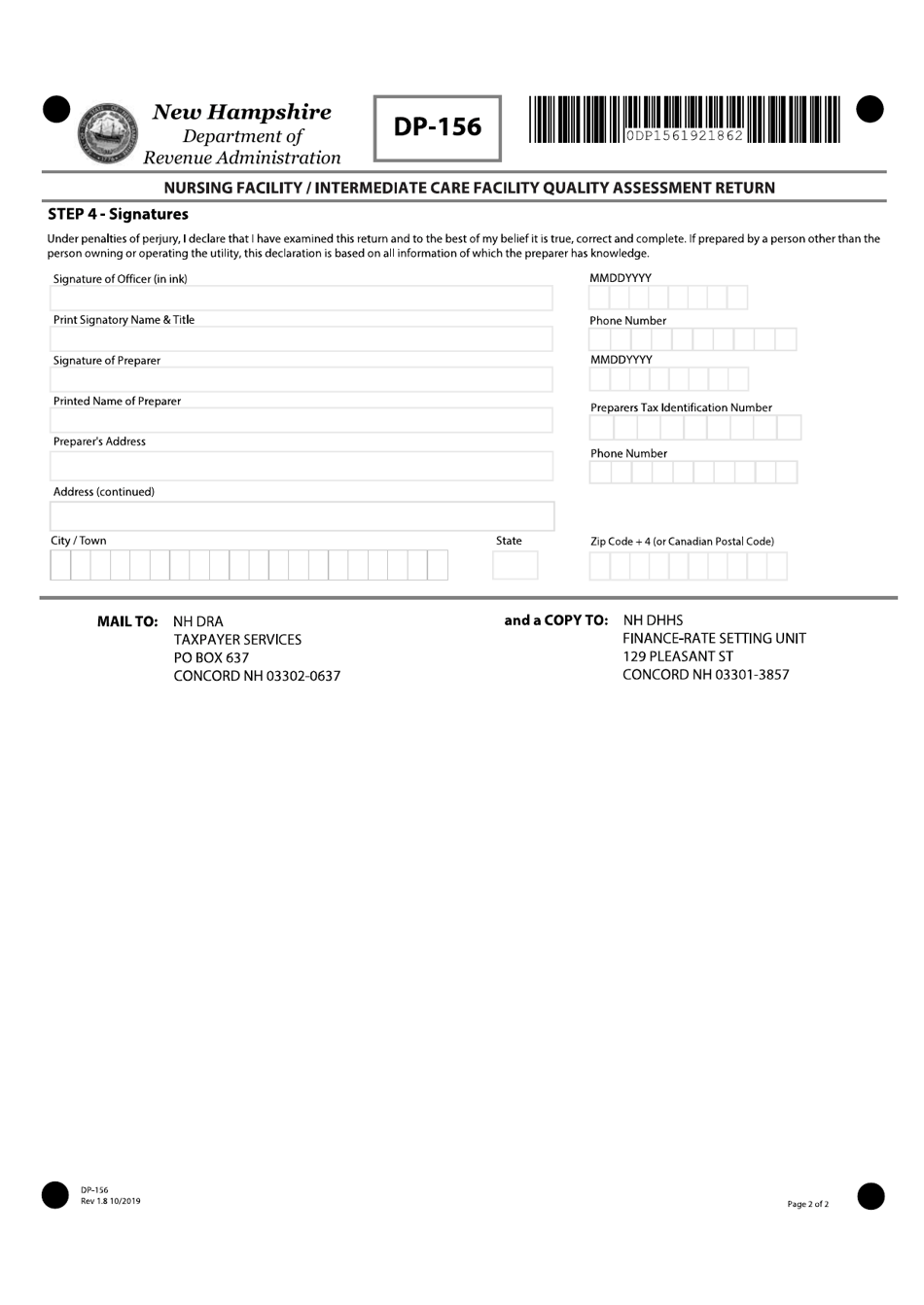 Form DP-156 Nursing Facility / Intermediate Care Facility Quality Assessment Return - New Hampshire, Page 2