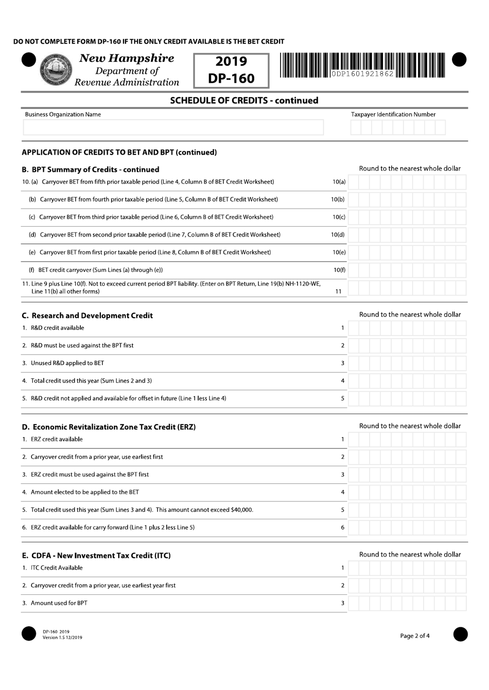 Form DP-160 Schedule for Business Enterprise and Business Profits Tax Credits - New Hampshire, Page 2