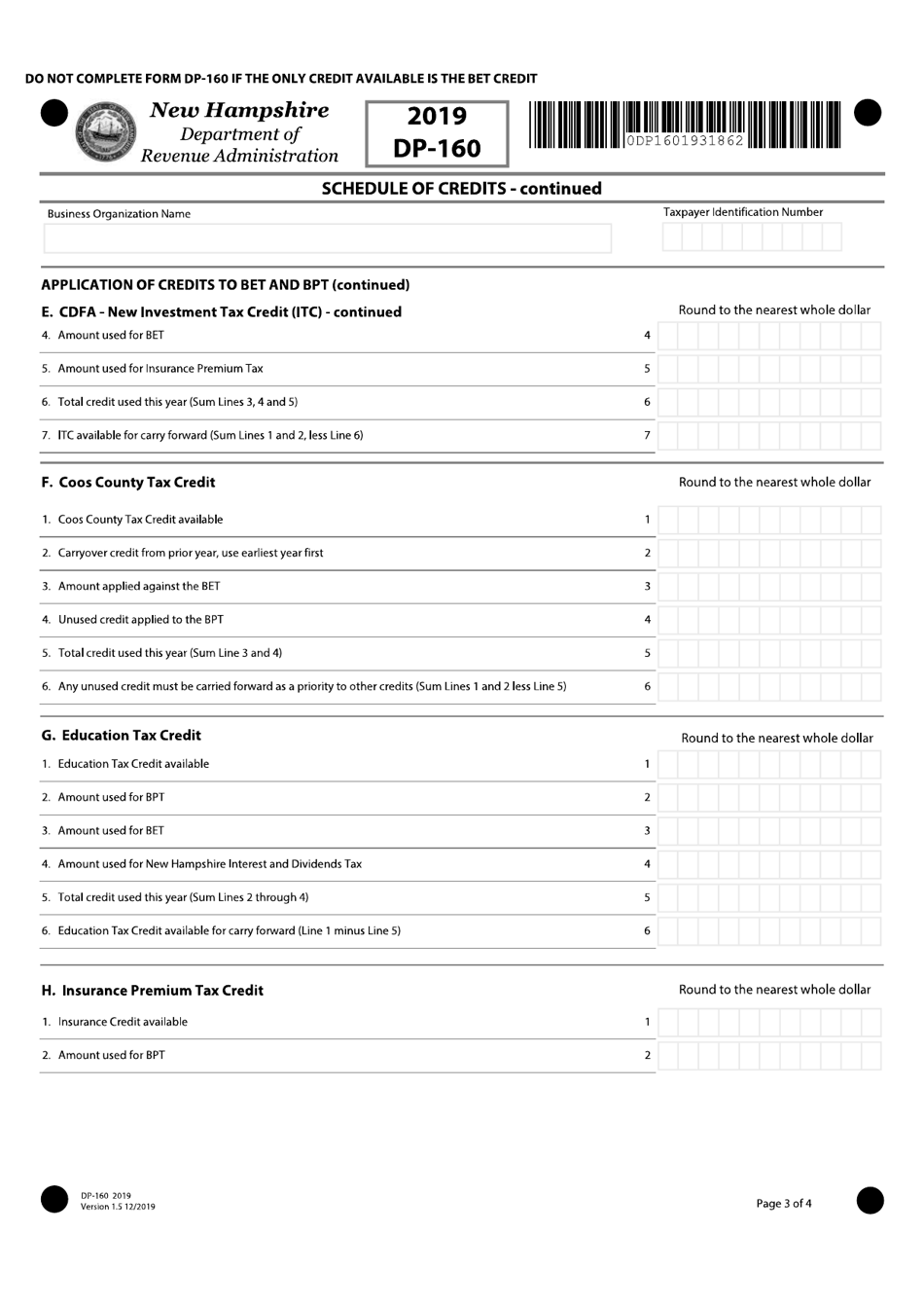 Form DP-160 Schedule for Business Enterprise and Business Profits Tax Credits - New Hampshire, Page 3