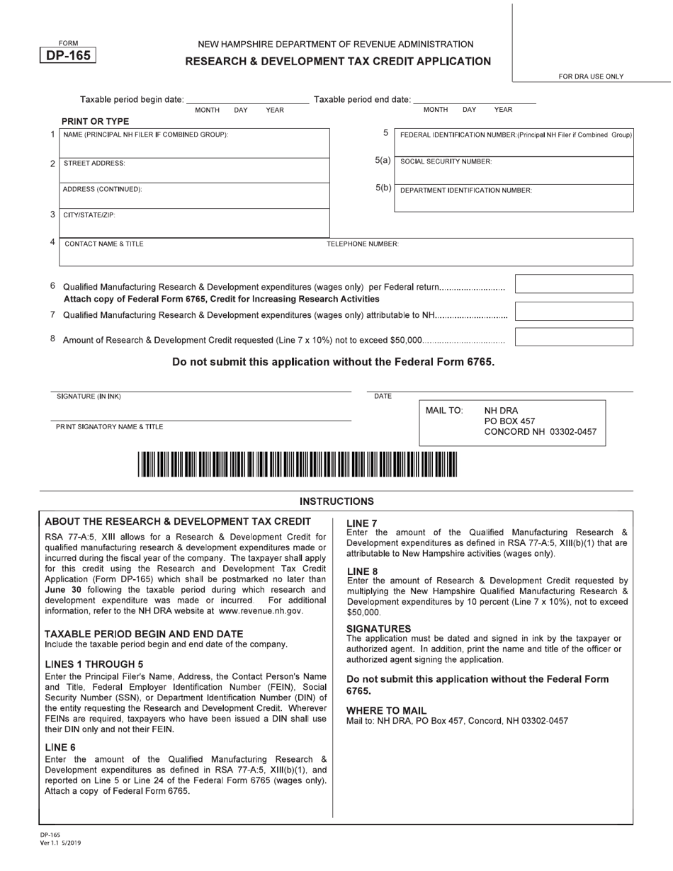 Form DP-165 Research and Development Tax Credit Application - New Hampshire, Page 1