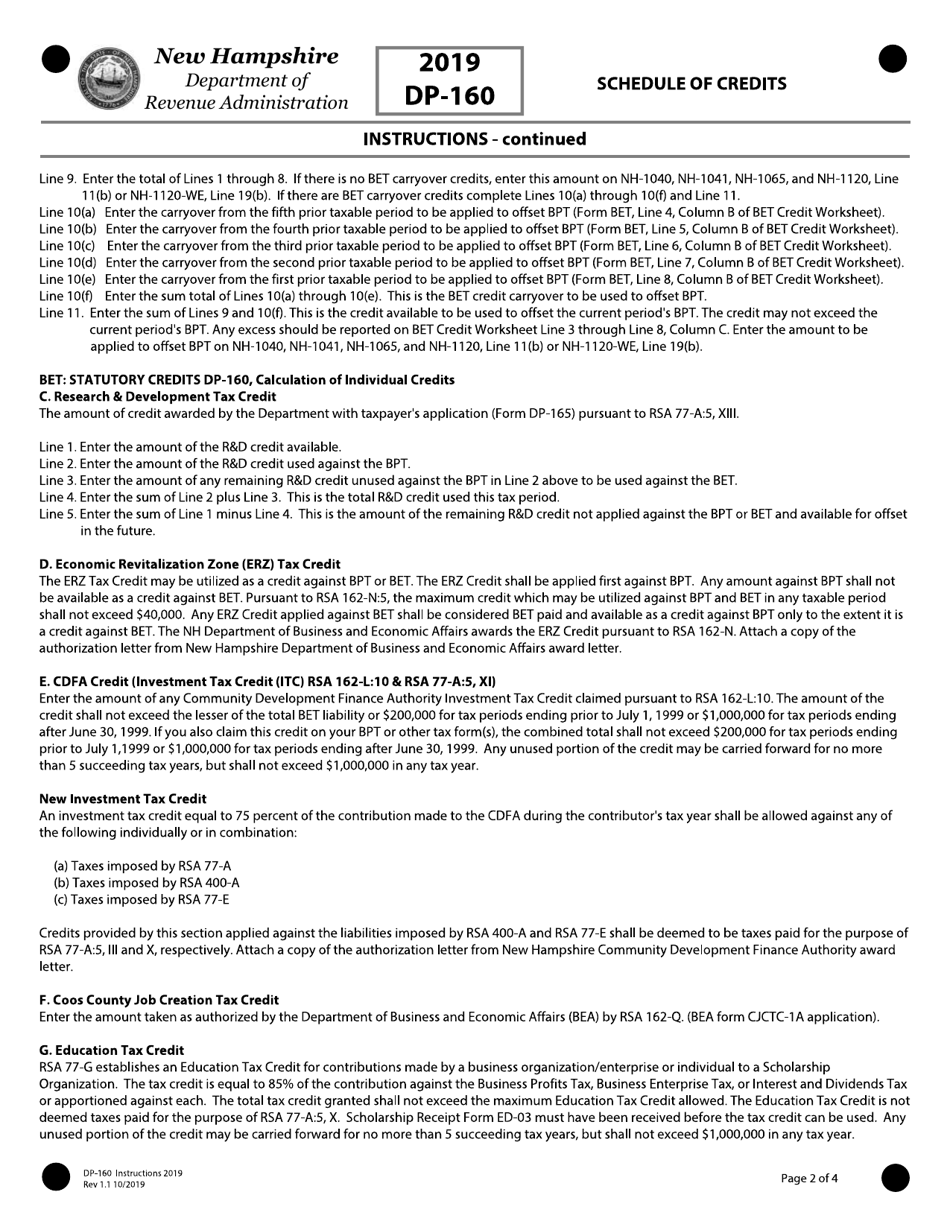 Instructions for Form DP-160 Schedule of Credits - New Hampshire, Page 2