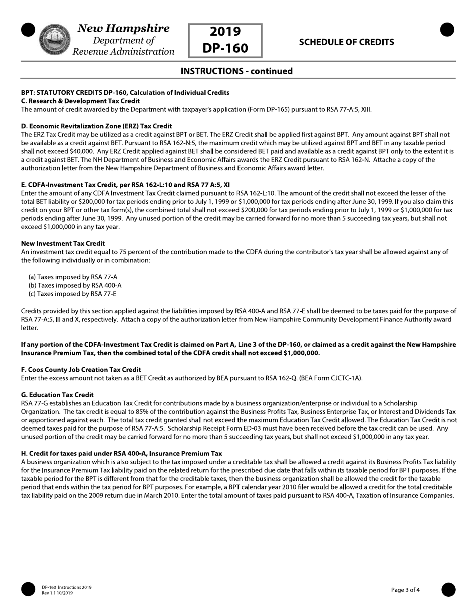 Instructions for Form DP-160 Schedule of Credits - New Hampshire, Page 3