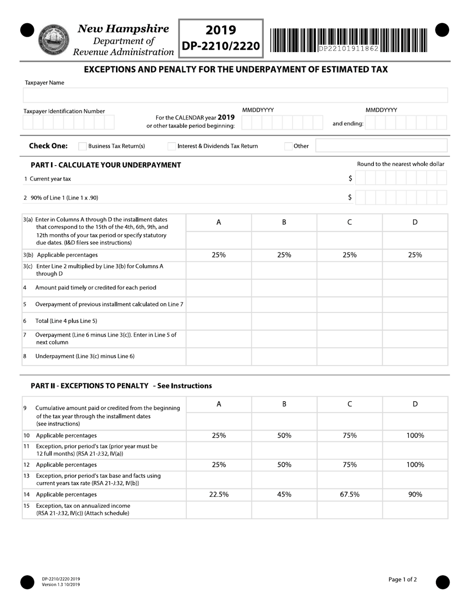 Form DP-2210 / 2220 Exceptions and Penalty for the Underpayment of Estimated Tax - New Hampshire, Page 1