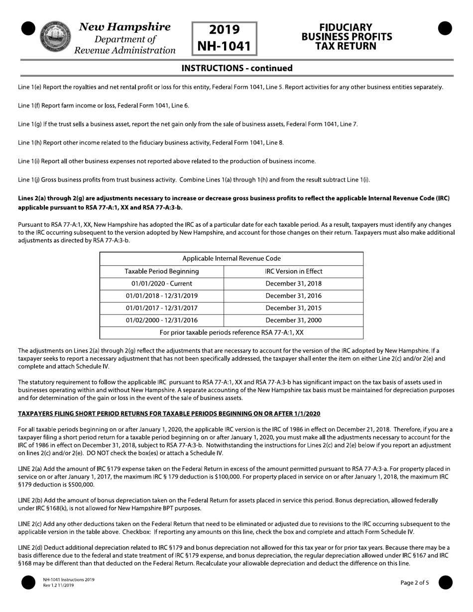 Instructions for Form NH-1041 Fiduciary Business Profits Tax Return - New Hampshire, Page 2