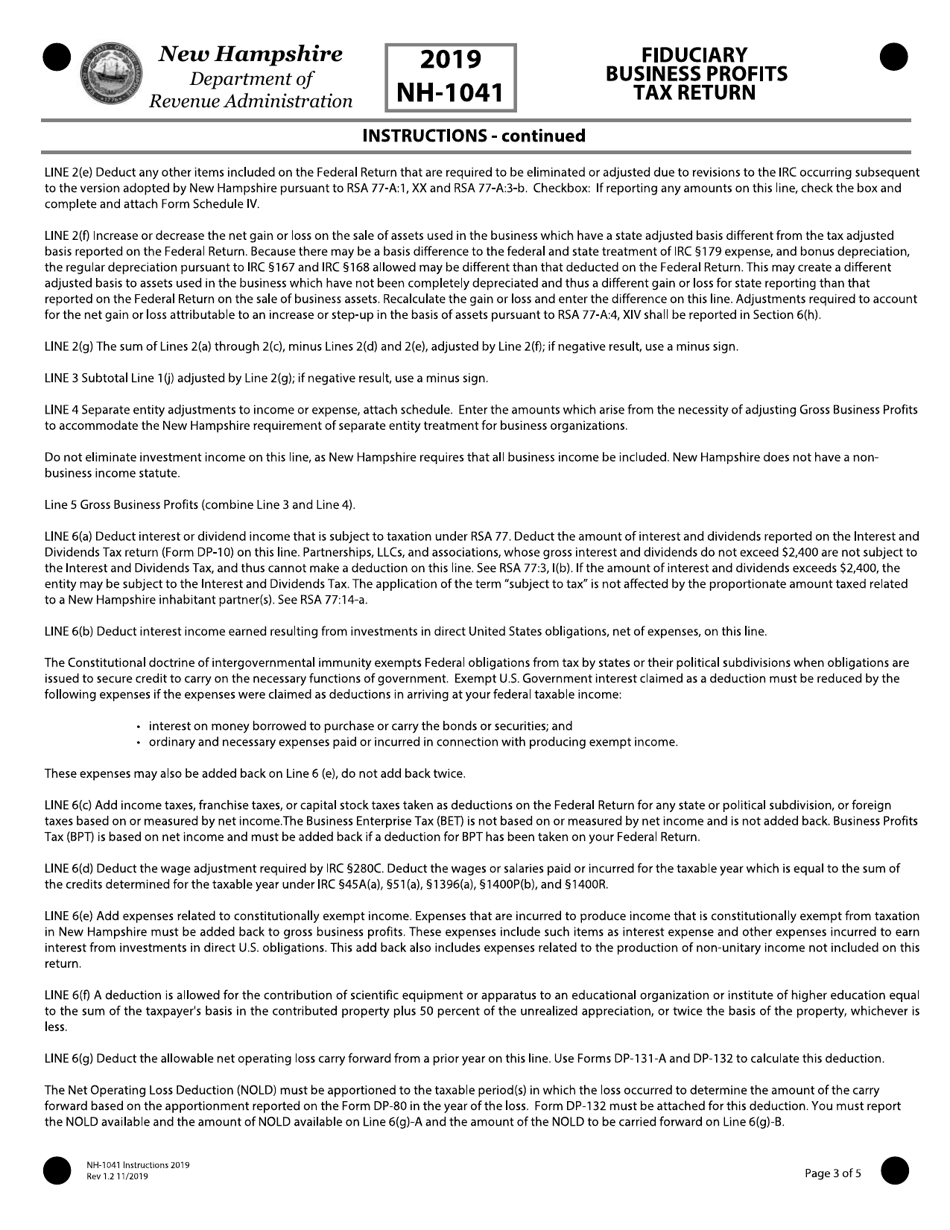 Instructions for Form NH-1041 Fiduciary Business Profits Tax Return - New Hampshire, Page 3