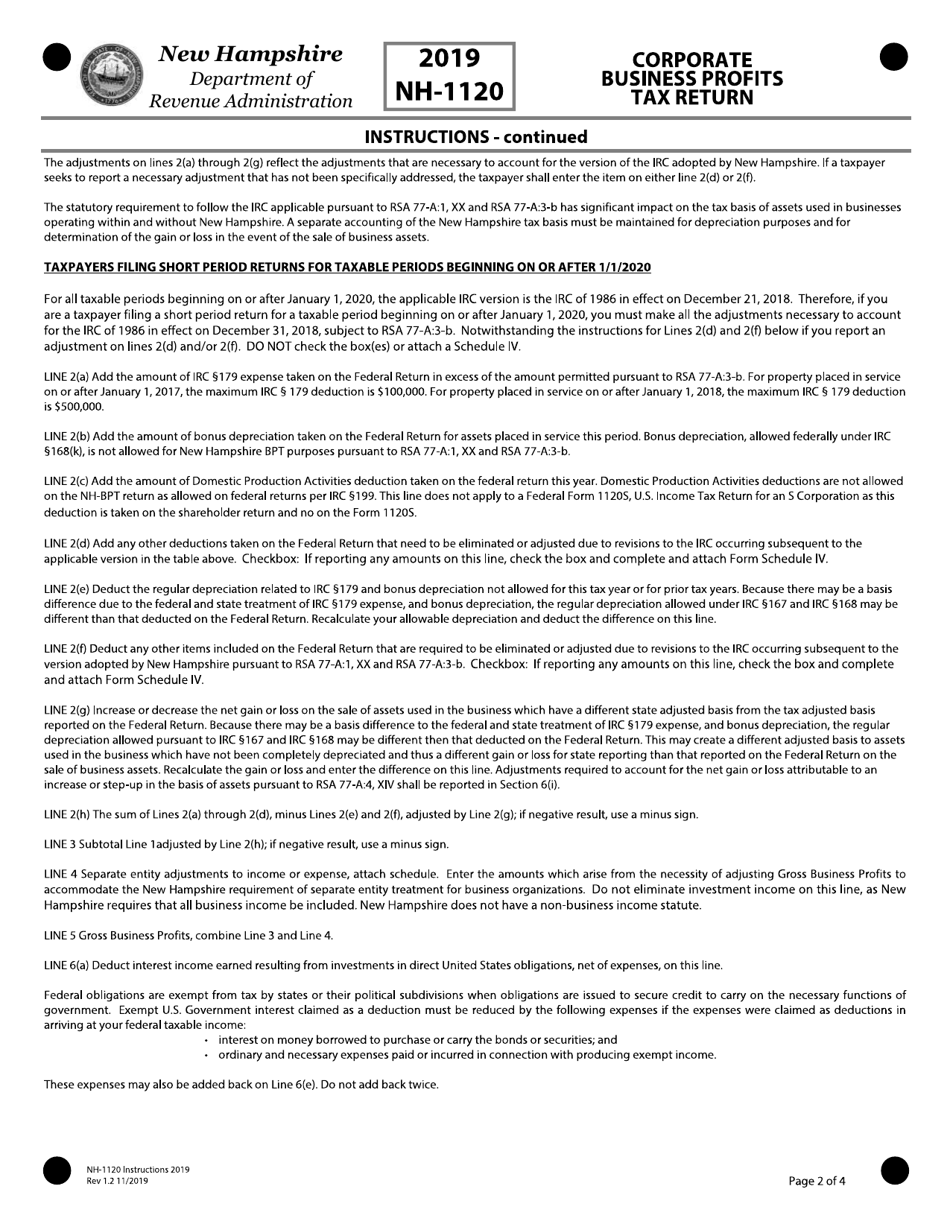 Instructions for Form NH-1120 Corporate Business Profits Tax Return - New Hampshire, Page 2