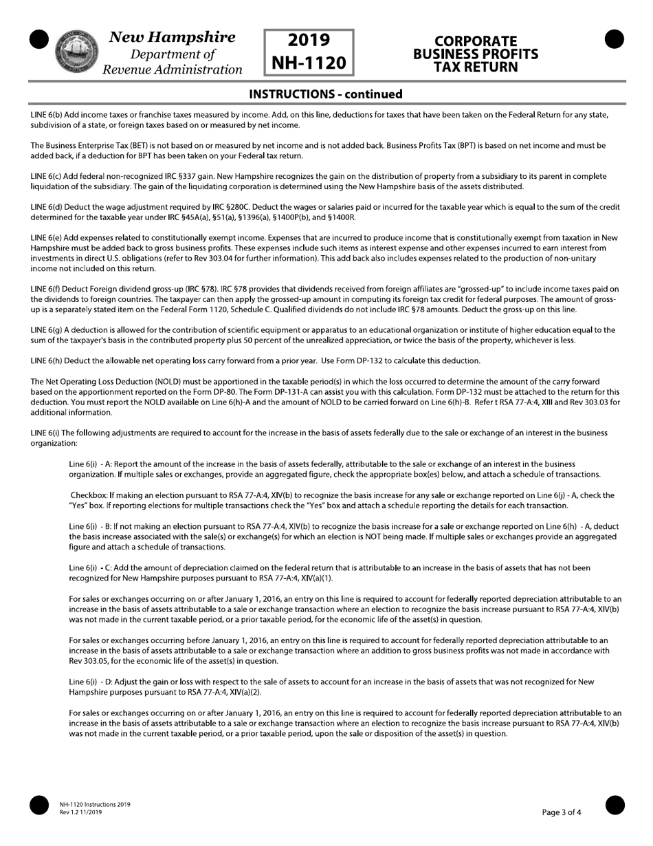 Instructions for Form NH-1120 Corporate Business Profits Tax Return - New Hampshire, Page 3