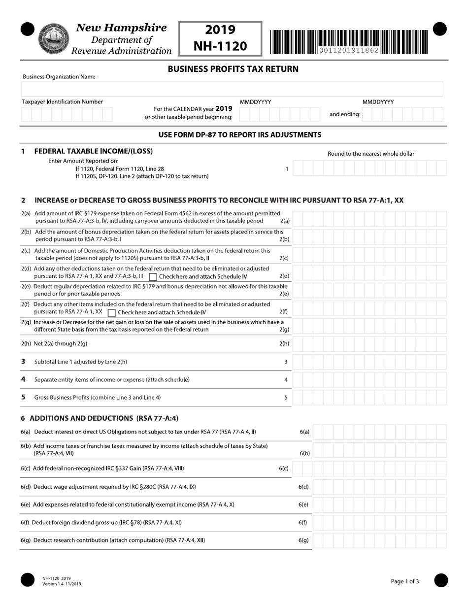 Form NH-1120 Business Profits Tax Return - New Hampshire, Page 1