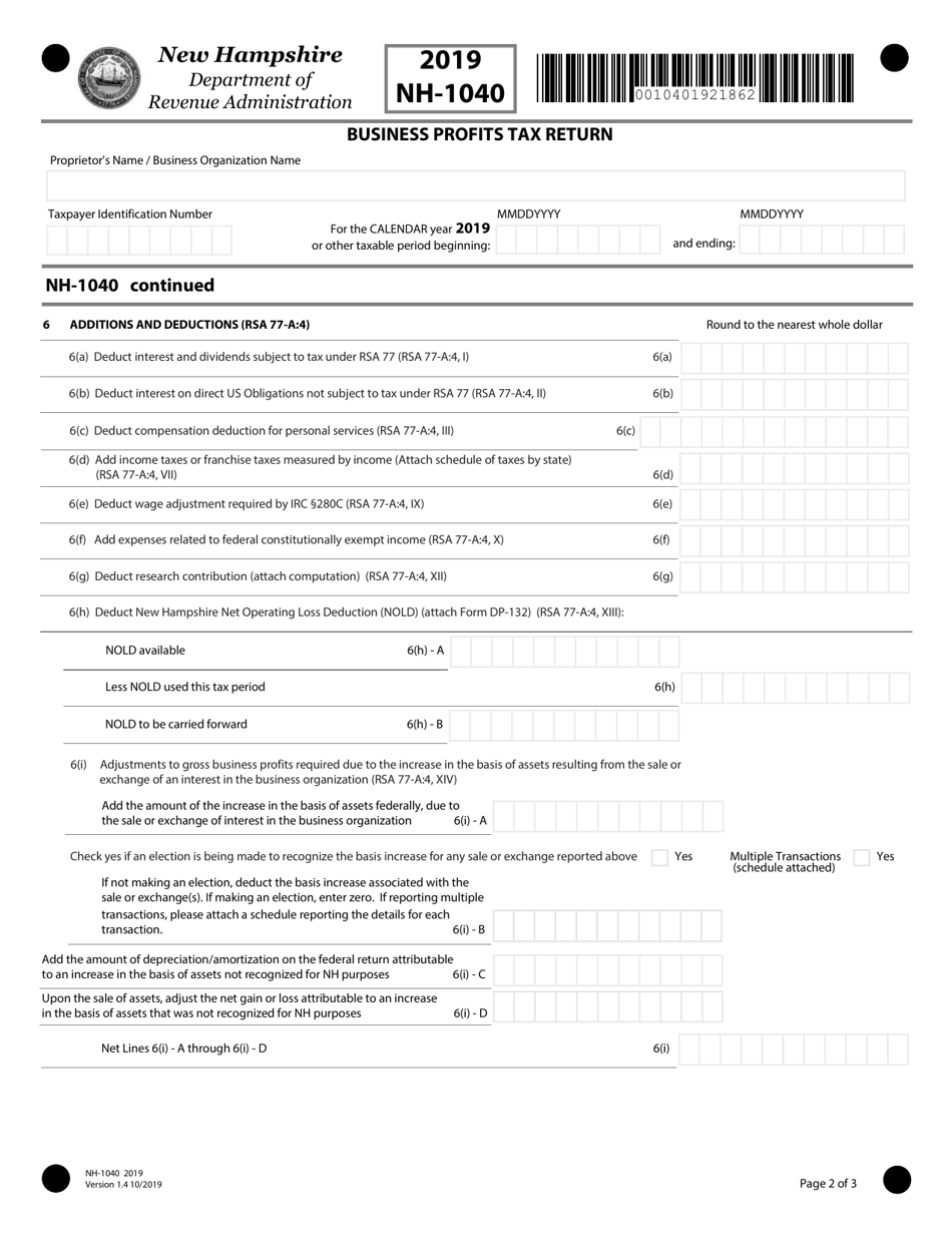Form NH-1040 Proprietorship or Jointly Owned Property Business Profits Tax Return - New Hampshire, Page 2