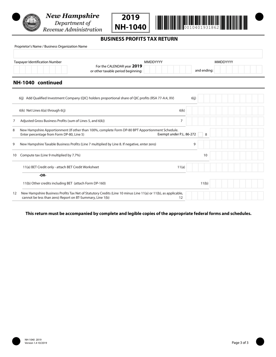 Form NH-1040 Proprietorship or Jointly Owned Property Business Profits Tax Return - New Hampshire, Page 3