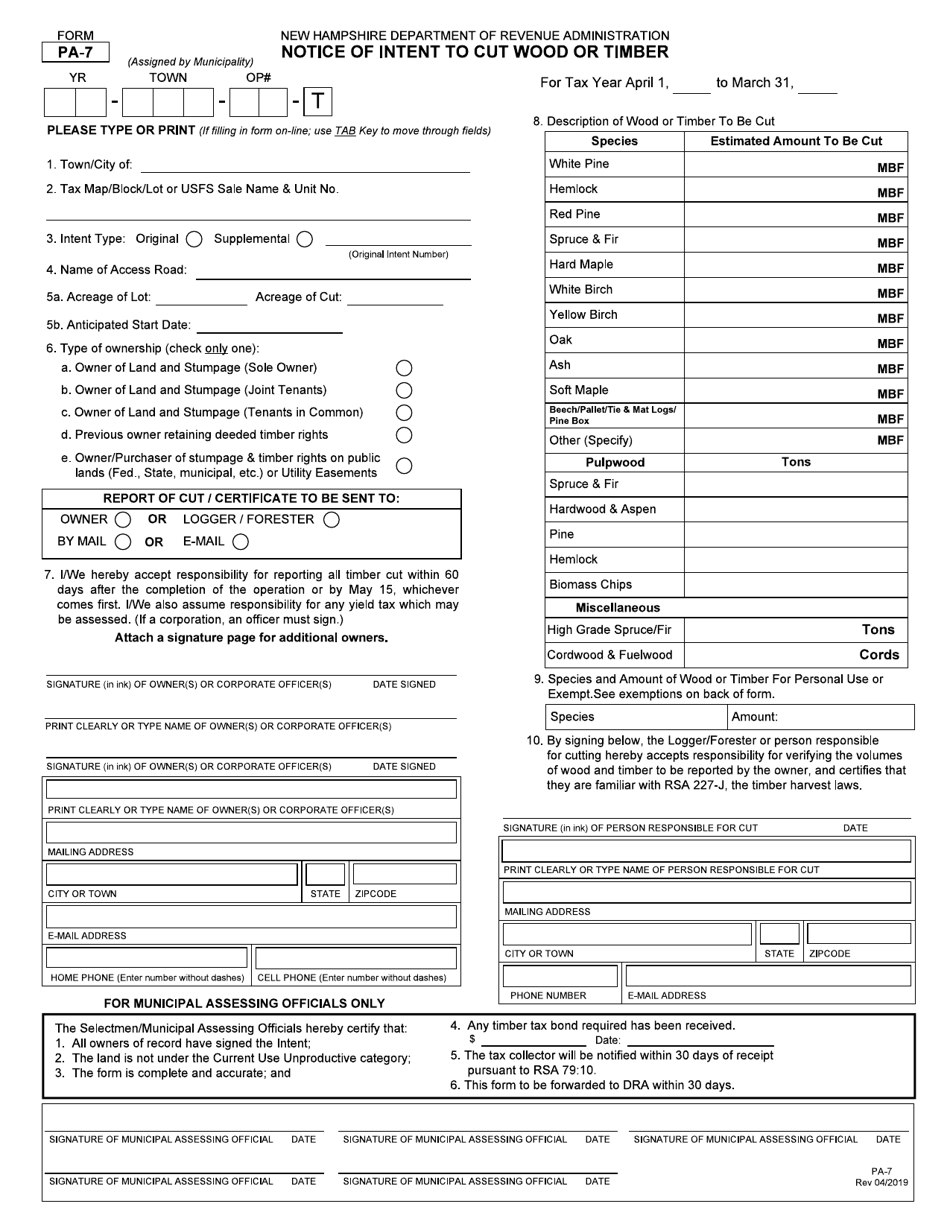 Form PA-7 Notice of Intent to Cut Wood or Timber - New Hampshire, Page 1