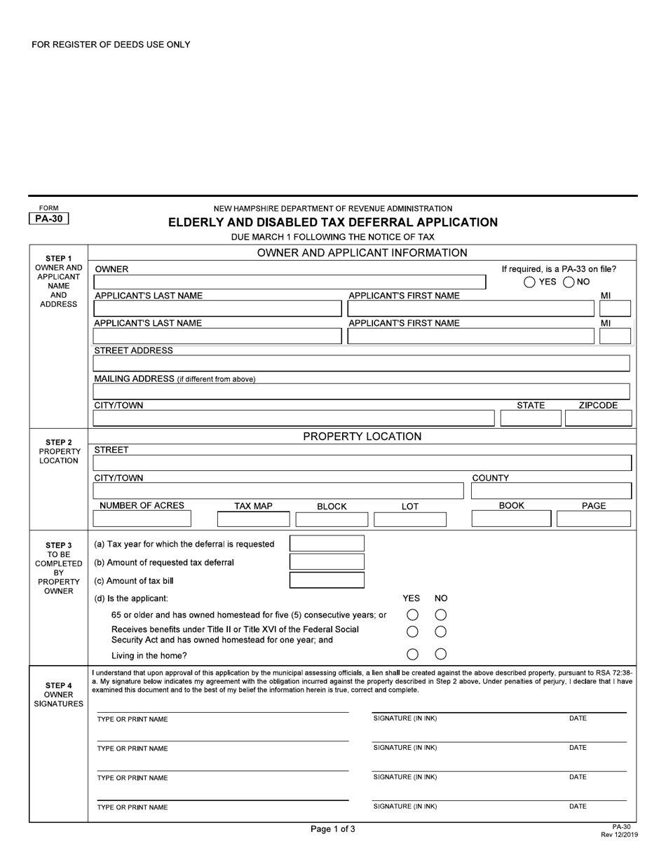 Form PA-30 Elderly and Disabled Tax Deferral Application - New Hampshire, Page 1