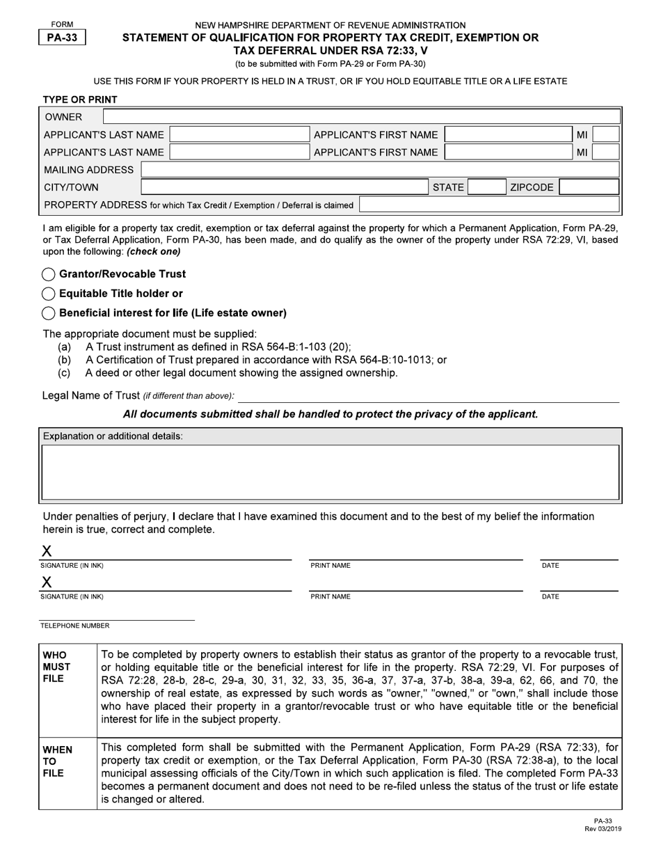Form PA-33 Statement of Qualification for Property Tax Credit, Exemption or Tax Deferral Under Rsa 72:33, V - New Hampshire, Page 1
