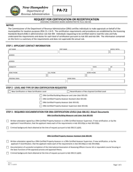 Document preview: Form PA-72 Request for Certification or Recertification - New Hampshire