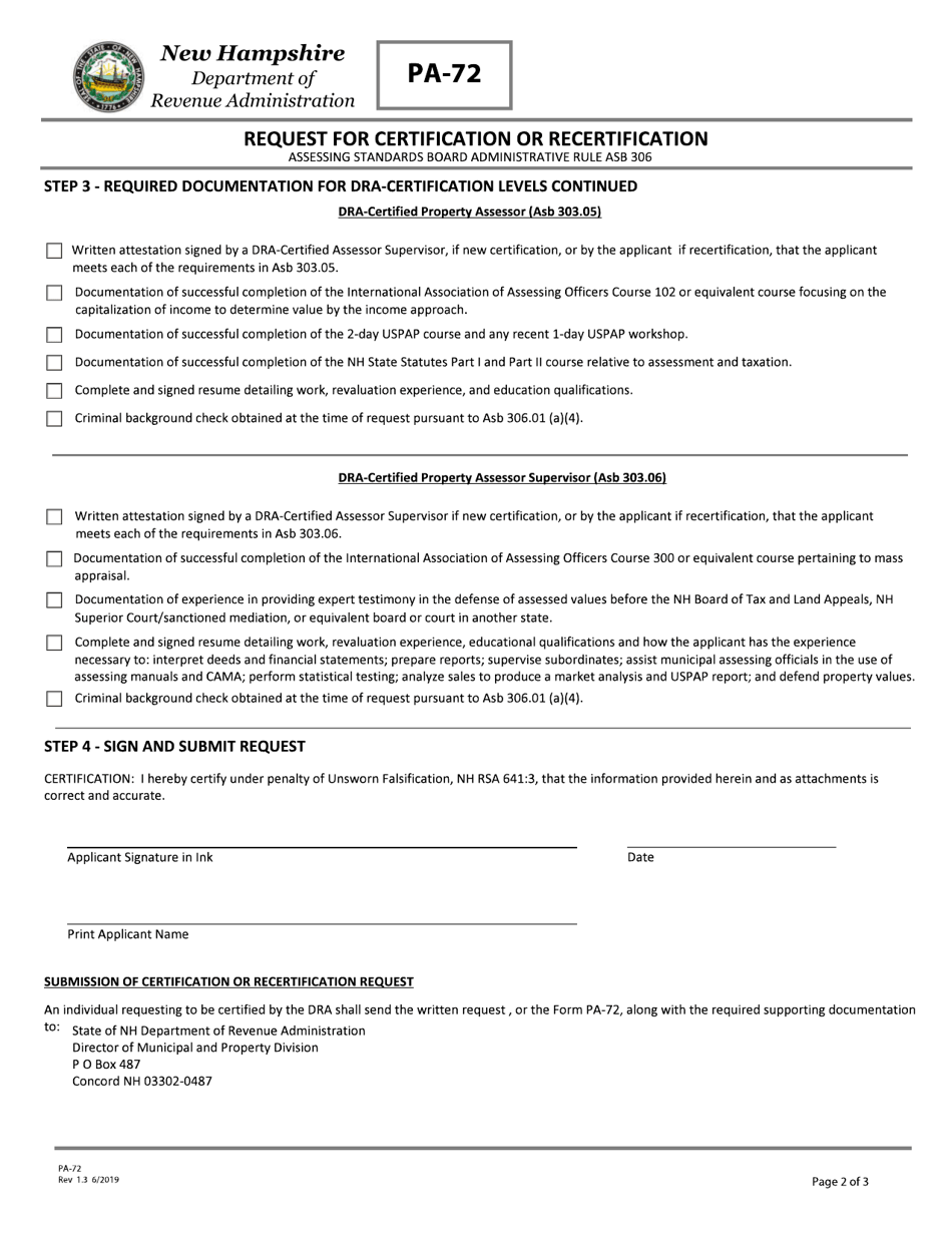 Form PA-72 Request for Certification or Recertification - New Hampshire, Page 2