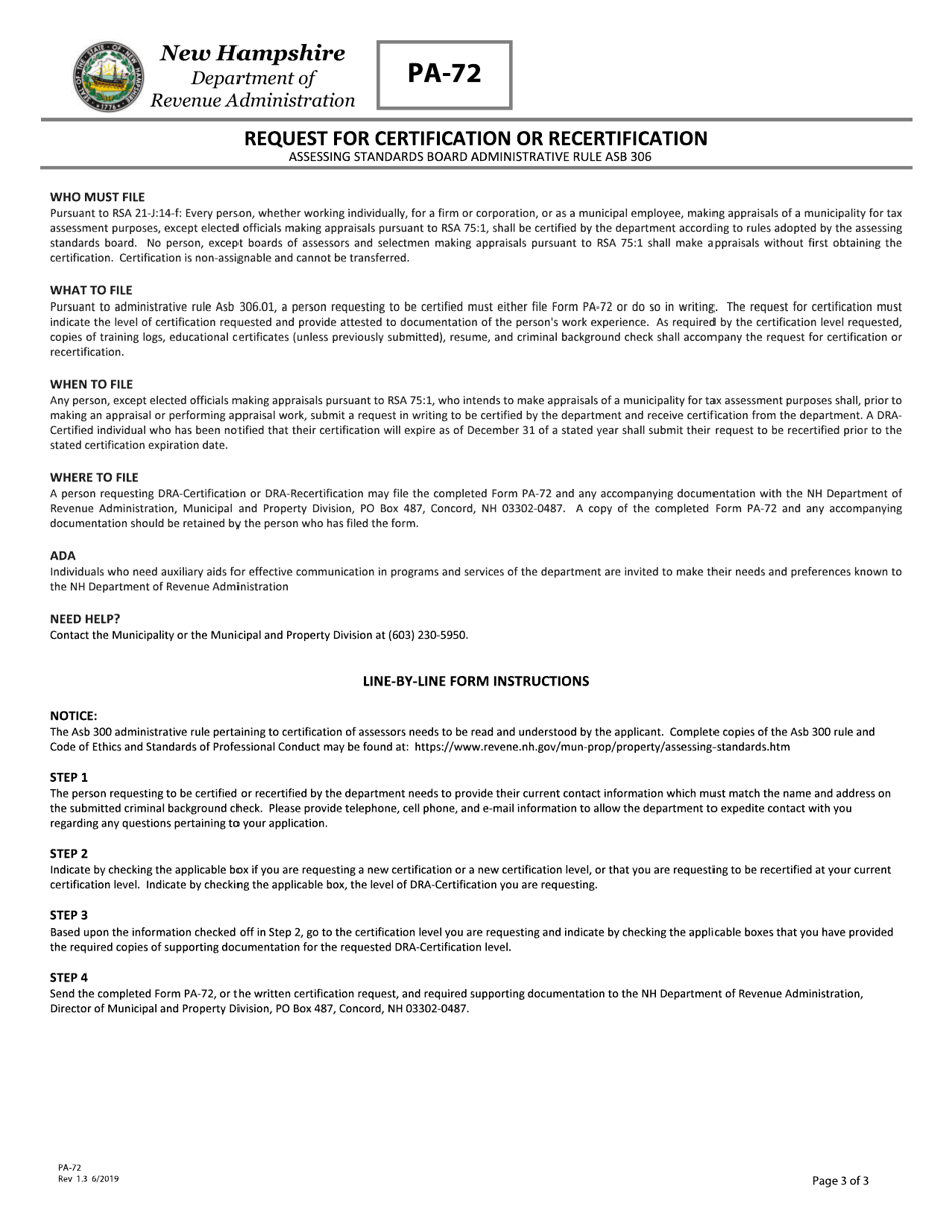 Form PA-72 Request for Certification or Recertification - New Hampshire, Page 3