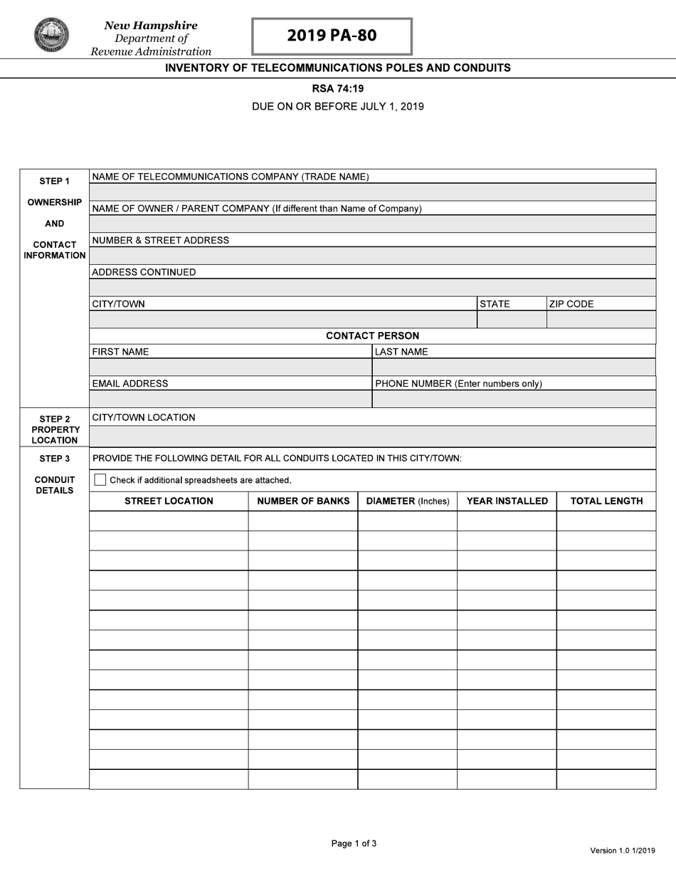 Form PA-80 Inventory of Telecommunications Poles and Conduits - New Hampshire, Page 1