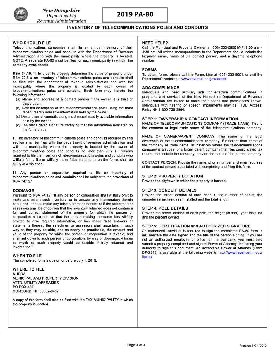 Form PA-80 Inventory of Telecommunications Poles and Conduits - New Hampshire, Page 3