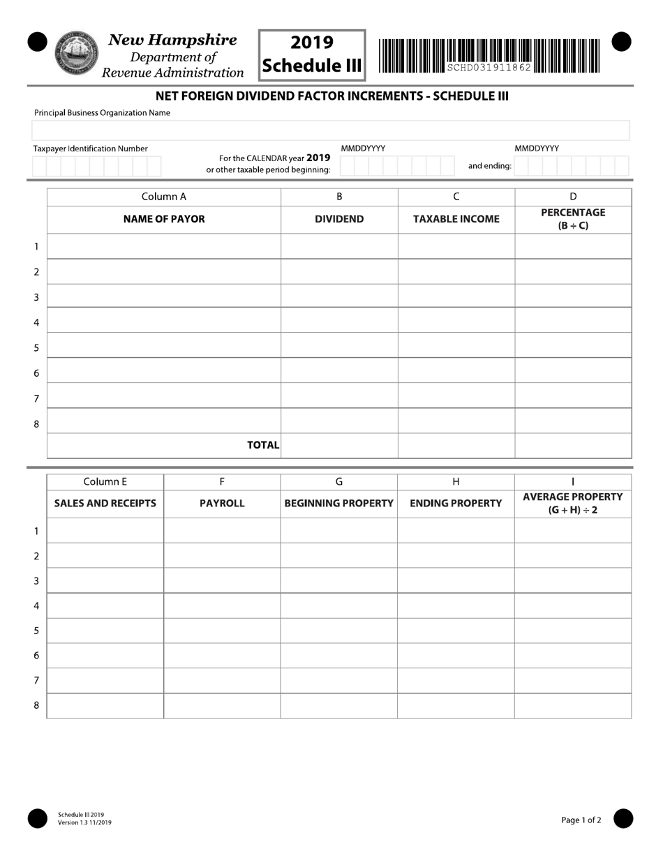 Schedule III Net Foreign Dividend Factor Increments - New Hampshire, Page 1