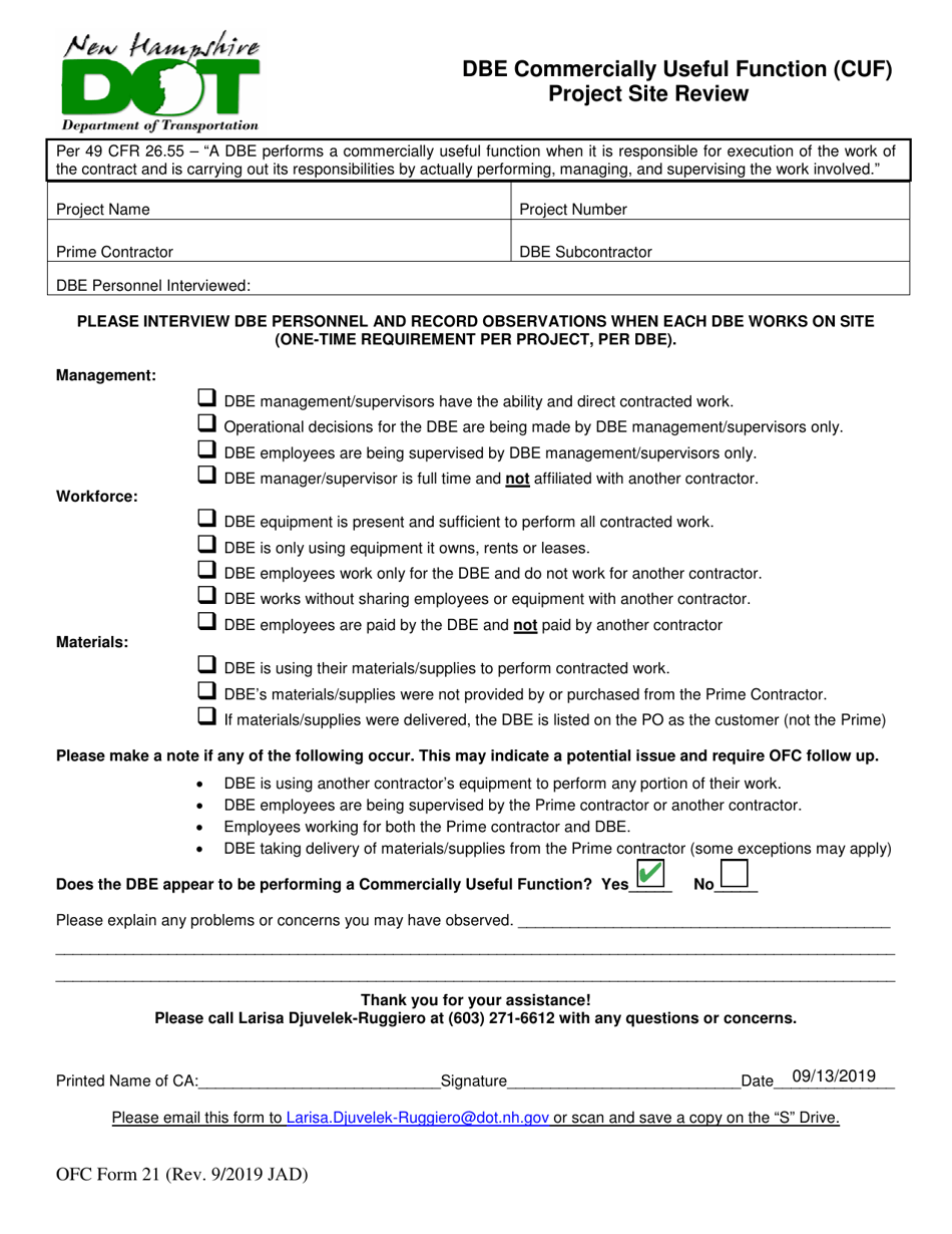 OFC Form 21 Dbe Commercially Useful Function (Cuf) Project Site Review - New Hampshire, Page 1