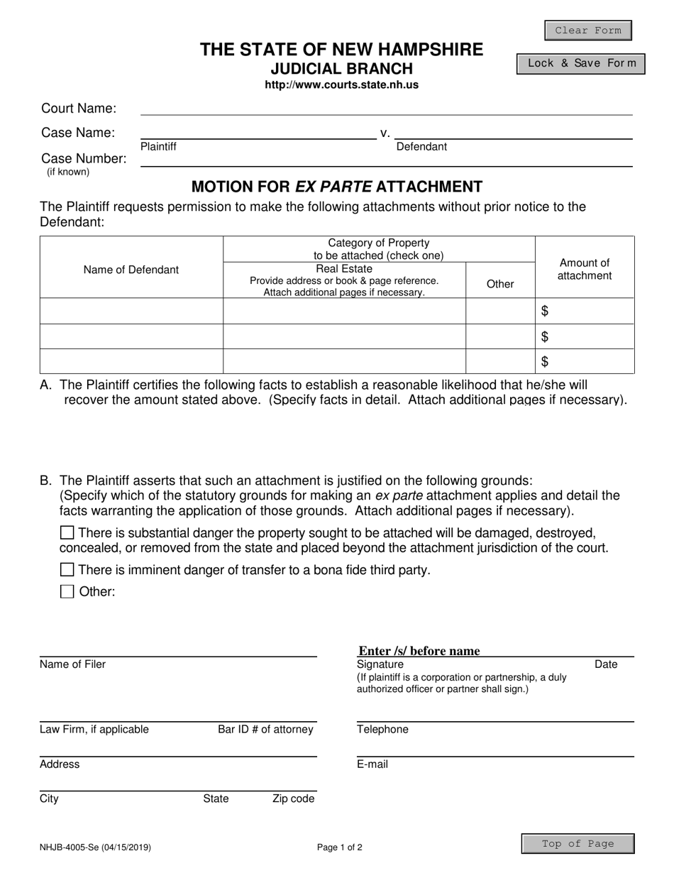 Form NHJB-4005-SE Motion for Ex Parte Attachment - New Hampshire, Page 1
