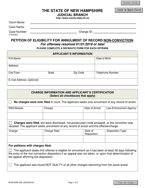 Form NHJB-3056-DSE Petition of Eligibility for Annulment of Record Non-conviction: for Offenses Resolved 01/01/2019 or Later - New Hampshire