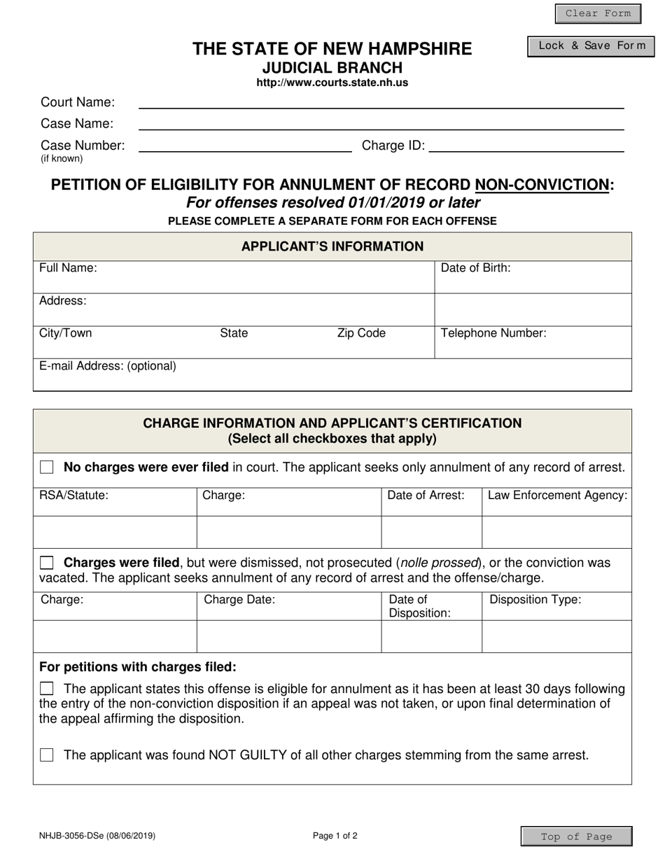 Form NHJB-3056-DSE Petition of Eligibility for Annulment of Record Non-conviction: for Offenses Resolved 01 / 01 / 2019 or Later - New Hampshire, Page 1