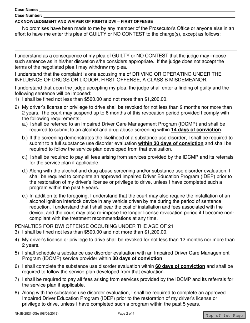 Form NHJB-2821-DSE Acknowledgment and Waiver of Rights Dwi - First Offense - Class B Misdemeanor - New Hampshire, Page 2