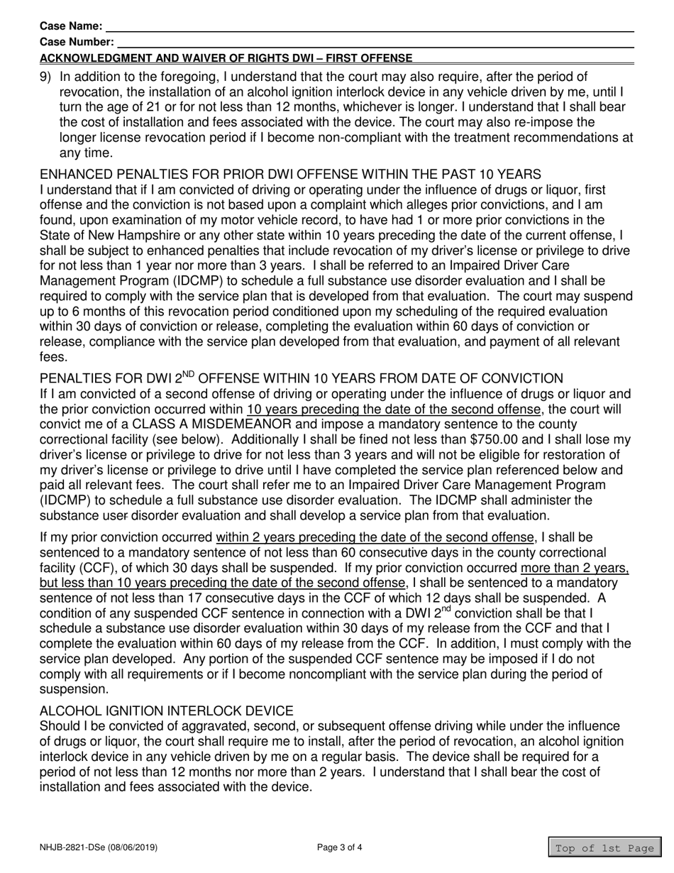 Form NHJB-2821-DSE Acknowledgment and Waiver of Rights Dwi - First Offense - Class B Misdemeanor - New Hampshire, Page 3