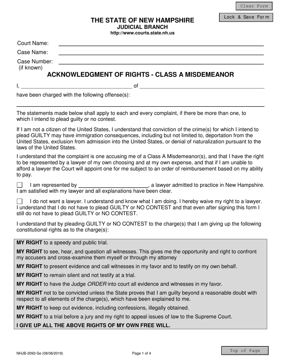 Form NHJB-2093-SE Acknowledgment of Rights - Class a Misdemeanor - New Hampshire, Page 1