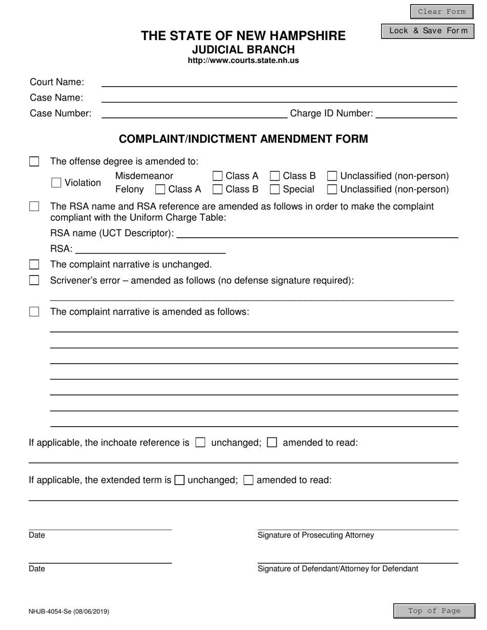 Form NHJB-4054-SE Complaint / Indictment Amendment Form - New Hampshire, Page 1
