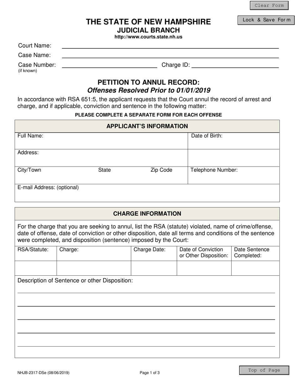 Form NHJB-2317-DSE Petition to Annul Record: Offenses Resolved Prior to 01 / 01 / 2019 - New Hampshire, Page 1